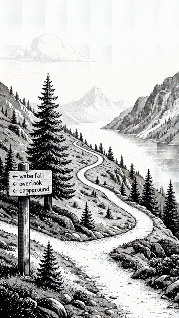 iPhone wallpaper: monochrome hiking trail winding beside a mountain lake, pine trees and a signpost pointing to waterfall, overlook, and campground.