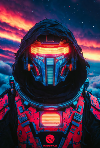 iPhone wallpaper of a hooded alien samurai-warrior: futuristic Japanese knight in glowing armor and visor, set against a neon sunset sky.