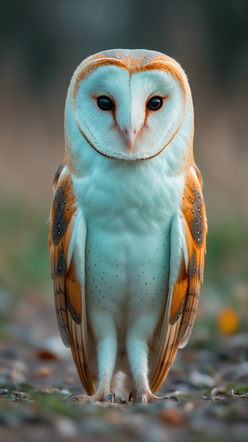 Barn owl portrait: a white-faced owl standing upright with warm brown markings and speckled chest, soft blurred background — vertical phone/iPhone wallpaper.