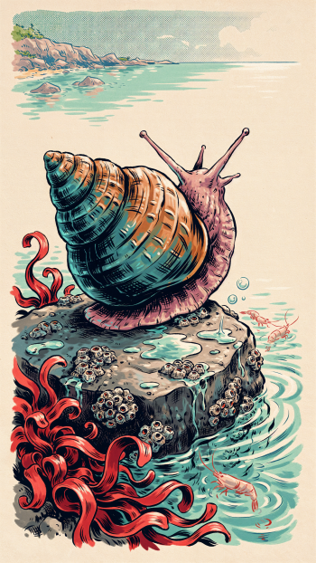 Phone wallpaper: illustrated sea snail with a spiral shell perched on a barnacled rock, red seaweed and shrimp in turquoise coastal waters.