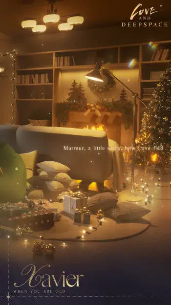 Phone wallpaper 'Love and Deepspace — Xavier': cozy living room with glowing fireplace, decorated Christmas tree, wrapped gifts, sofa and warm fairy lights.