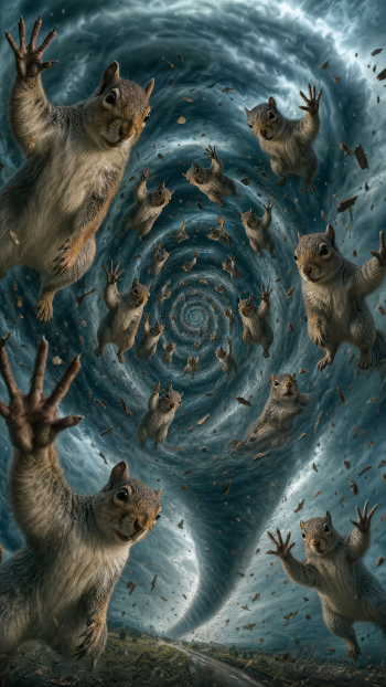 Tornado Squirrel iPhone wallpaper — squirrels spiraling inside a massive tornado beneath a dark, debris-filled storm sky, some reaching toward the viewer.
