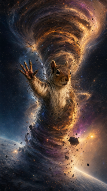 iPhone wallpaper: Tornado Squirrel — a squirrel spiraling inside a cosmic tornado, paw outstretched amid stars, debris and glowing nebulae.