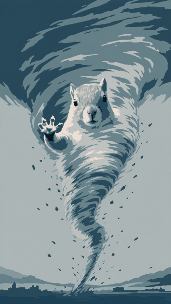 Tornado Squirrel iPhone wallpaper: a squirrel's body forms a swirling tornado, paw extended as it towers over a distant landscape.
