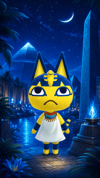 iPhone wallpaper showing Ankha the cat — an Egyptian-themed yellow feline in a white dress beneath a crescent moon, pyramids, obelisk and glowing blue lamps.