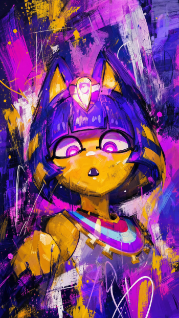Ankha anime-style cat portrait in vivid purple and gold paint-splatter, wearing an Egyptian headpiece with wide eyes — bold iPhone wallpaper.