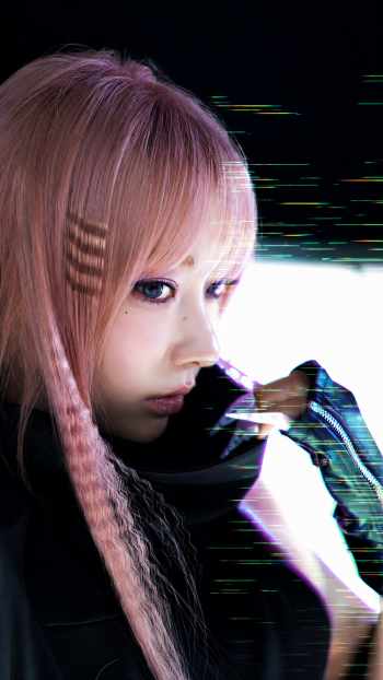 Anime phone wallpaper: pink-haired girl in profile with braided strands, glitch scanlines and moody lighting, styled in a LE SSERAFIM Made My Night aesthetic.