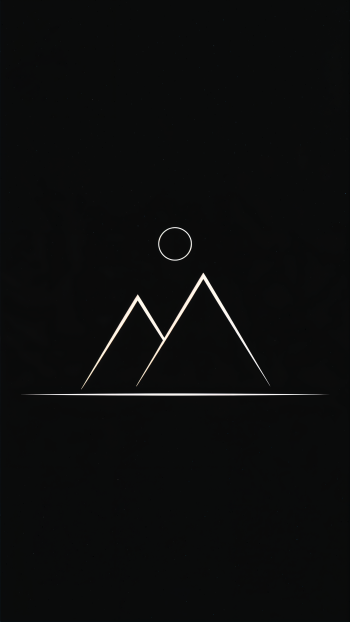 Clean line-art iPhone wallpaper: minimalist mountain landscape with two peaked mountains, a sun circle above and a thin horizon line on a black background.