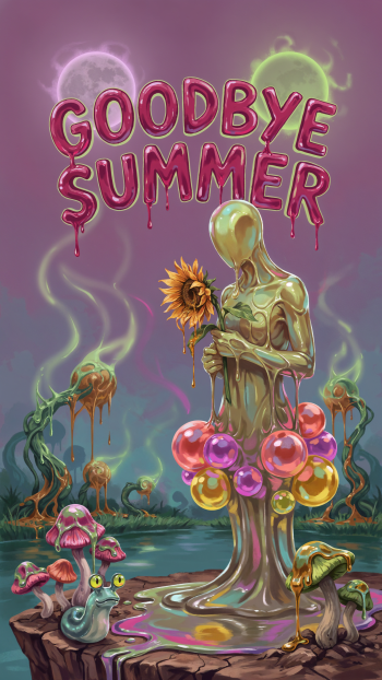 iPhone wallpaper: a melting humanoid statue holds a sunflower among glowing mushrooms and colorful bubbles beneath dripping GOODBYE SUMMER text.