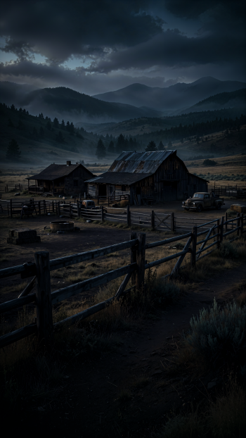 iPhone wallpaper: moody mountain ranch with a weathered barn, farmhouse and fenced farmyard beneath clouded, moonlit peaks.