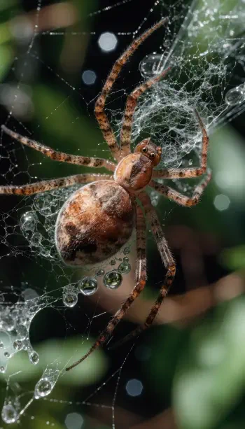 Close-up brown recluse spider on a dew-speckled web, vertical iPhone phone wallpaper.