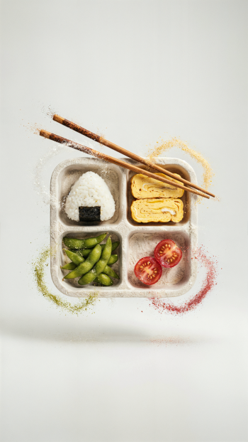 iPhone wallpaper of a bento box: rice onigiri, tamagoyaki, edamame and cherry tomatoes in a divided lunchbox, chopsticks resting atop.