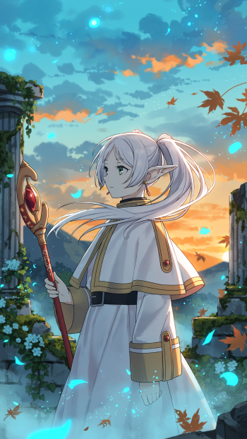 Vertical phone wallpaper from Frieren: Beyond Journey's End, showing an anime elf girl in a white robe holding a staff amid sunset ruins with falling leaves and glowing blue motes.