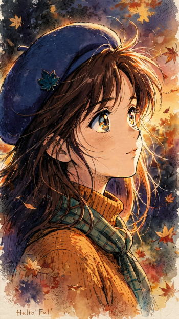 iPhone wallpaper of an anime girl in a navy beret and scarf, gazing up as golden autumn leaves fall around her; warm Hello Fall tones.
