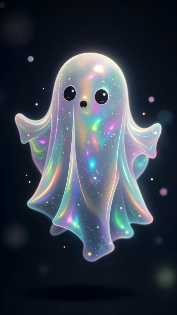 Iridescent, sparkly cute ghost with big round eyes floating against a dark bokeh background — Halloween spirit phone/iPhone wallpaper.