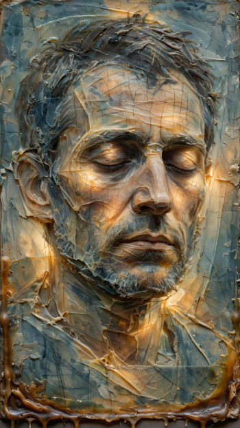 Tired portrait of a man's face, eyes closed, sculpted in thick textured paint with cracked, weathered surfaces and warm highlights — iPhone wallpaper.