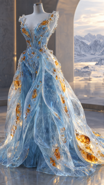 iPhone wallpaper of an ornate blue gown dress with golden-orange gem accents on a mannequin, set against a snowy mountain range and icy seascape backdrop.