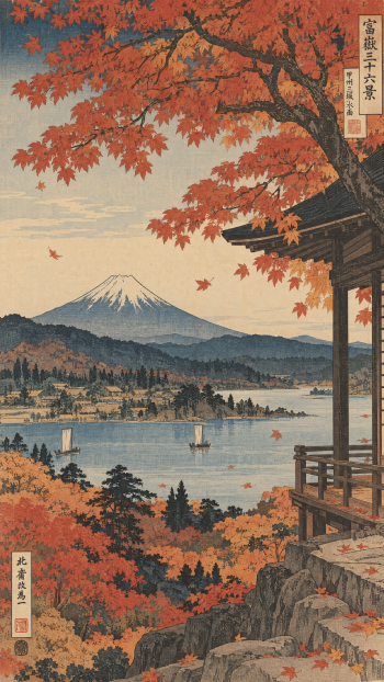 Aesthetic autumn Japanese woodblock: Mount Fuji framed by crimson maple leaves above a lakeside temple porch, vertical iPhone wallpaper.