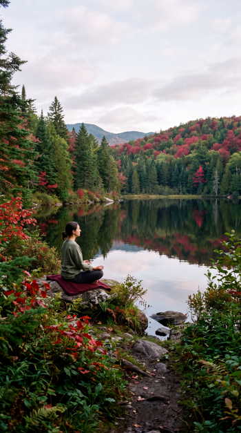 iPhone wallpaper: serene autumn forest lake reflecting red and green trees, a person meditating on a rock at the water's edge.