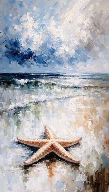 iPhone wallpaper showing a starfish on wet sand with gentle ocean waves and a cloud-streaked sky, painted in soft blues and warm sandy tones.