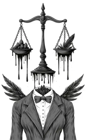 Monochrome iPhone wallpaper of a headless suit with wings beneath dripping Libra (astrology) scales—one pan holds stones, the other a feather.