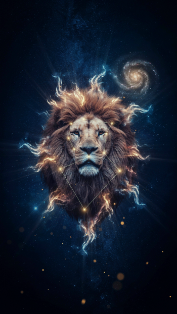 Majestic Leo (Astrology) lion phone wallpaper: a glowing, electrified mane of stars and nebulae with a spiral galaxy behind, set against a deep cosmic blue background.