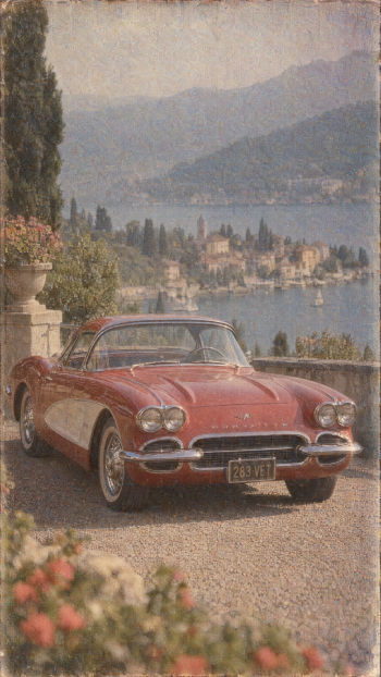 iPhone wallpaper: red vintage Chevrolet Corvette convertible sports car parked on a lakeside terrace, with mountains and a small village visible across the water.
