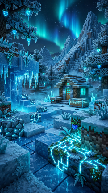 Minecraft-style snowy mountain scene with a glowing cabin, crystalline ice and neon-blue veins beneath a vivid aurora borealis — vertical iPhone wallpaper