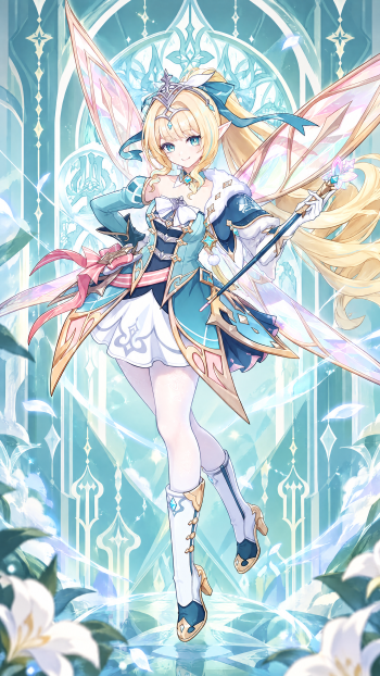 Genshin Impact — Vesna: anime fairy girl in teal-and-white outfit with translucent wings and a staff, floating before a stained-glass arch; vertical phone/iPhone wallpaper.