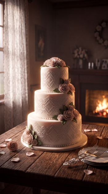 iPhone wallpaper showing a three-tier wedding cake with lace-patterned icing and blush roses on a wooden table beside a cozy fireplace