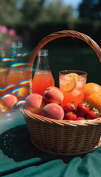 iPhone wallpaper showing a picnic basket of peaches, strawberries and oranges beside glass bottles and a lemony drink on a green blanket.