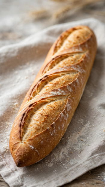 iPhone wallpaper of a crusty baguette loaf of bread on a flour-dusted linen, close-up showing golden, scored crust and textured crumb details.