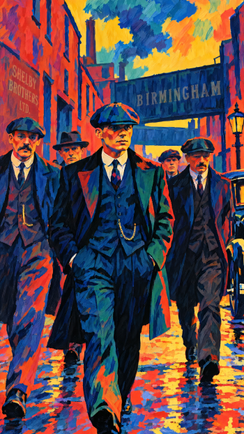 Colorful painted iPhone wallpaper of Peaky Blinders: a gangster crew of men in suits and fedoras striding down a wet Birmingham street beneath a bridge sign.