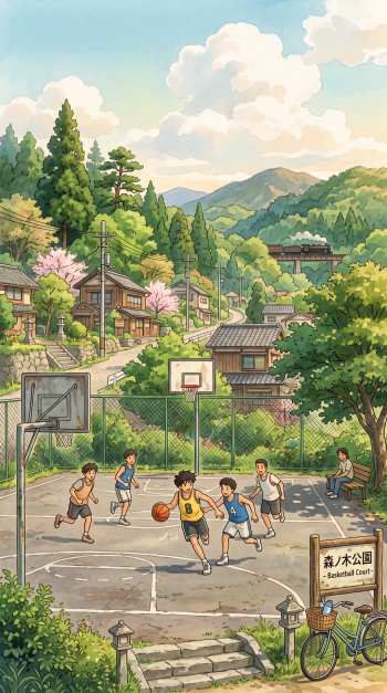 iPhone wallpaper illustration of kids playing basketball on a neighborhood outdoor basketball court, surrounded by houses, trees and distant mountains.