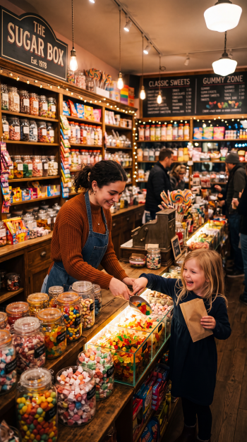 iPhone wallpaper: cozy candy store scene with jars of sweets as a smiling shopkeeper scoops candy for a delighted child.