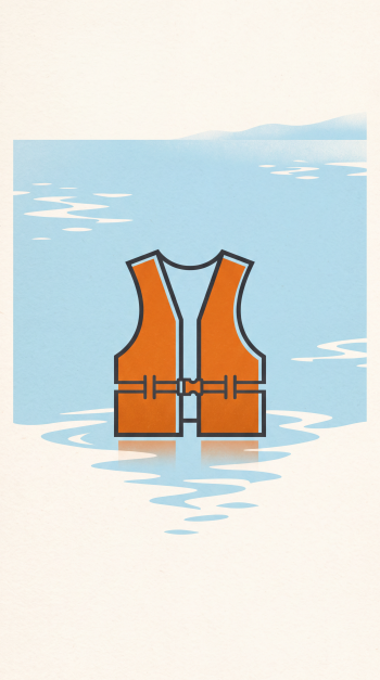 iPhone wallpaper illustration of an orange life jacket vest floating on calm blue water with soft reflections.