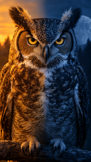 iPhone wallpaper: close-up great horned owl (owl, bird) with piercing yellow eyes, split day-and-night background, perched on a branch.