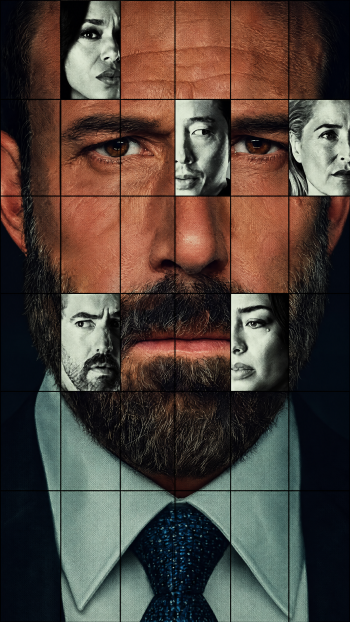 iPhone wallpaper portrait of a bearded male actor in a grid-tile composition with inset black-and-white faces — poster-style artwork for the film Animals (2026).