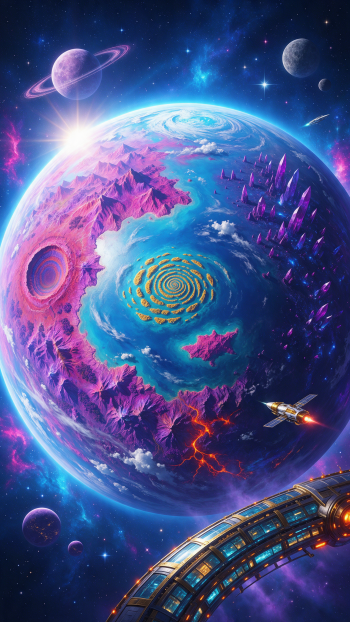 Sci‑fi planet iPhone wallpaper: turquoise sea with golden spiral, magenta jagged continents and crater, ringed moon, distant moons and stars, spacecraft and curved space station.