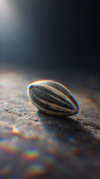 Close-up seed — sunflower seed on a textured surface with moody dark background and prismatic light, vertical iPhone wallpaper.