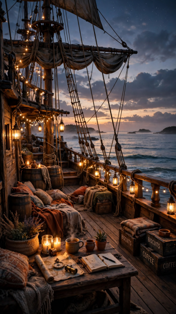 iPhone wallpaper of a lantern-lit pirate ship deck at dusk, sails and rigging of a wooden ship and sailboat framing a calm sea, candles, crates and cozy cushions.