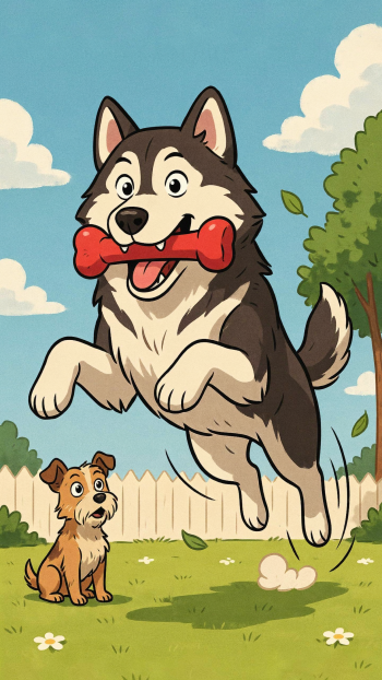 Playful cartoon malamute-husky leaps with a red bone in its mouth over a small dog in a sunny backyard, bright iPhone wallpaper.