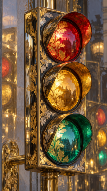 Ornate gold traffic light signal with red, amber and green leaf-etched lenses and mirrored reflections — vertical iPhone wallpaper.