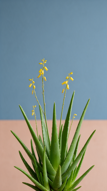 Aloe vera succulent with slender leaves and yellow blooms centered against a two-tone blue and peach backdrop — vertical iPhone wallpaper.