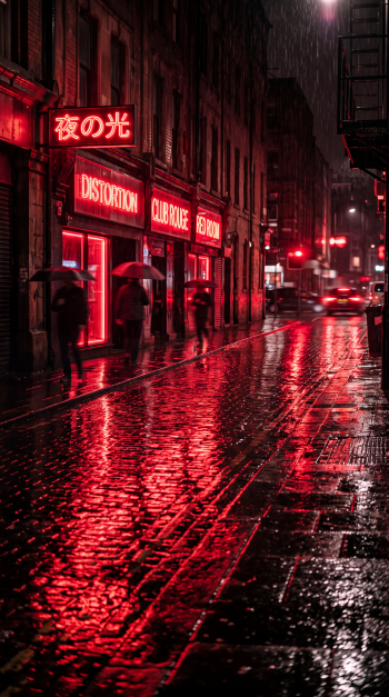 iPhone wallpaper: rain-slick urban street bathed in red neon, reflections on wet pavement, silhouetted pedestrians with umbrellas and glowing club signs at night.