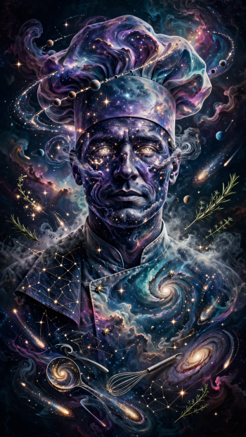 Surreal iPhone wallpaper: chef portrait merging face, toque and coat into swirling galaxies, stars and floating whisks, blending culinary motifs with a vivid cosmic space scene.