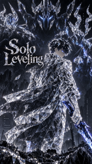 Solo Leveling anime poster phone/iPhone wallpaper: crystalline Sung Jin‑woo with glowing sword, shattered-glass cloak and a looming dark monarch silhouette.
