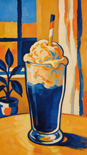 Vibrant iPhone wallpaper of a root beer float milkshake in a tall glass topped with whipped cream and a striped straw, stylized in bold blue and orange hues.