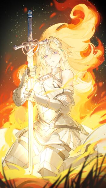 Vertical iPhone wallpaper of Jeanne d'Arc (Fate/Apocrypha), anime style, in gleaming armor with golden hair flowing, gripping a sword amid roaring flames.