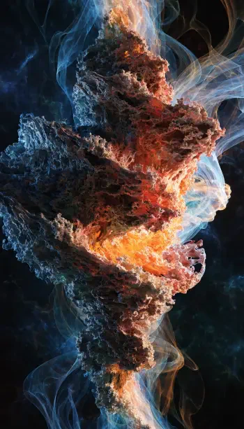 Vertical iPhone wallpaper of an abstract explosion: a glowing fiery core erupts through textured smoke plumes and swirling blue-gray wisps.